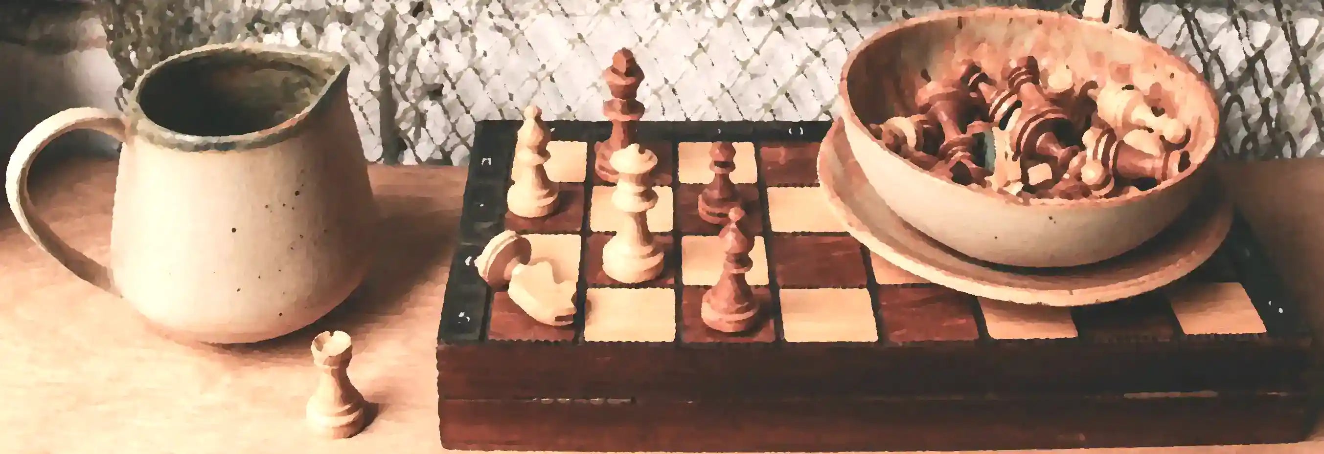 Chess pieces in a bowl and chessboard placed on a commode