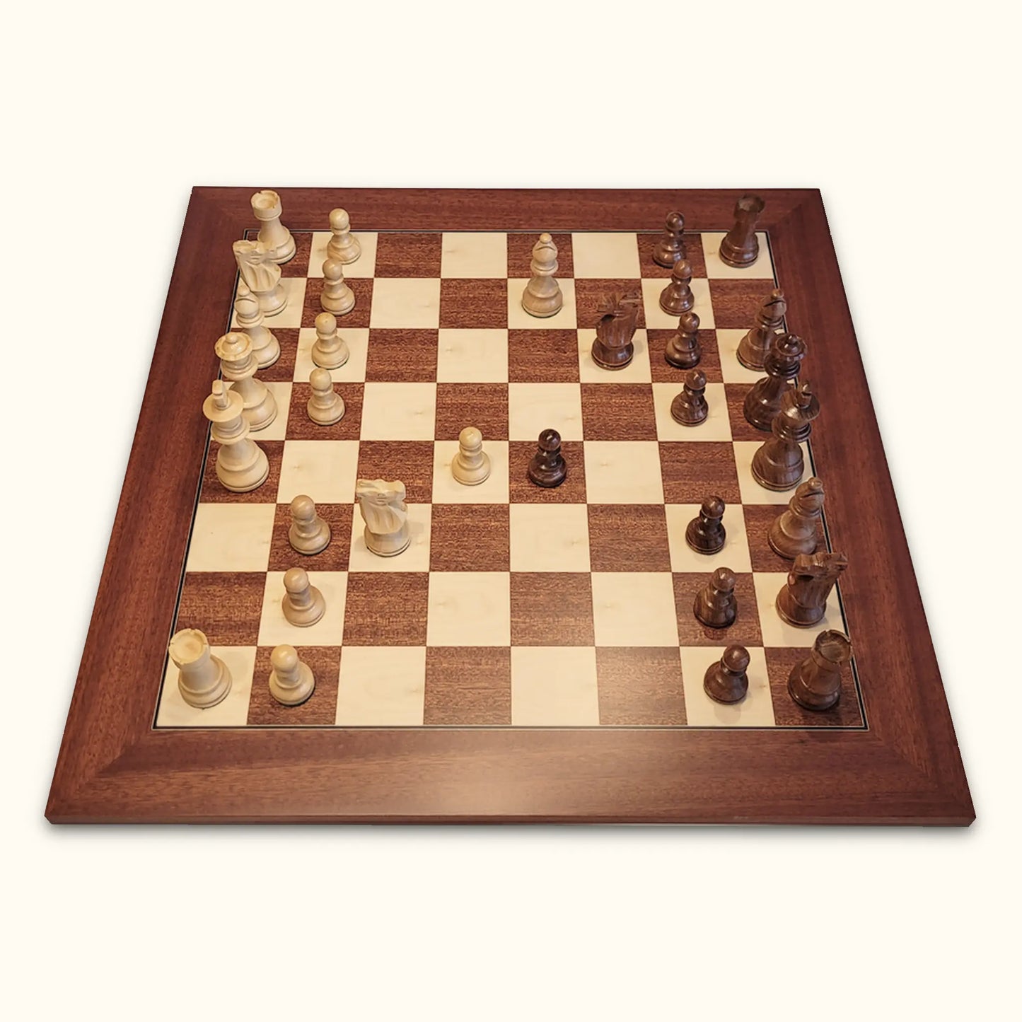 Chess pieces French Staunton acacia on mahogany deluxe chessboard side