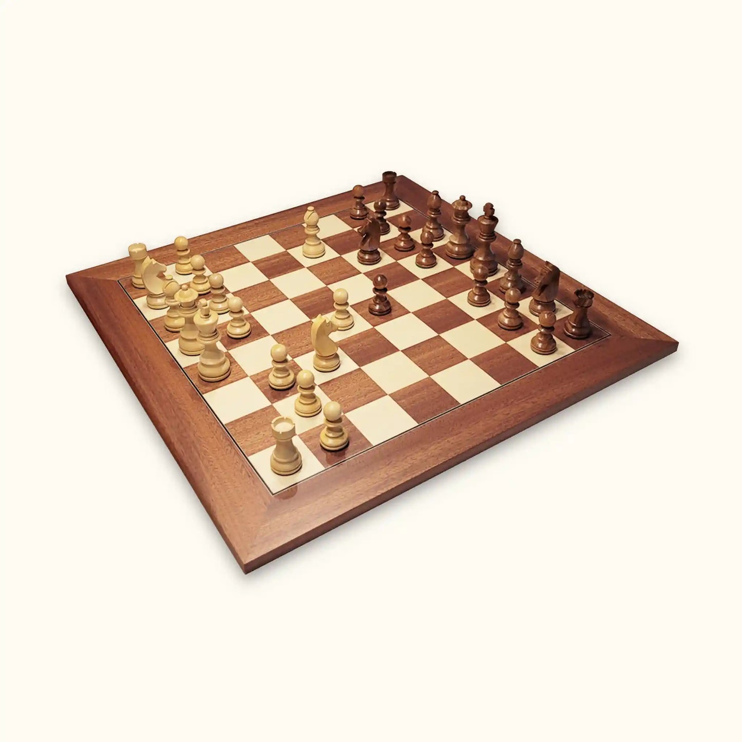 Chess pieces german knight acacia on mahogany chessboard diagonal