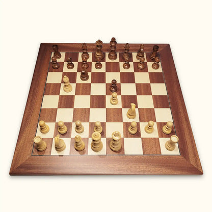 Chess pieces german knight acacia on mahogany chessboard top