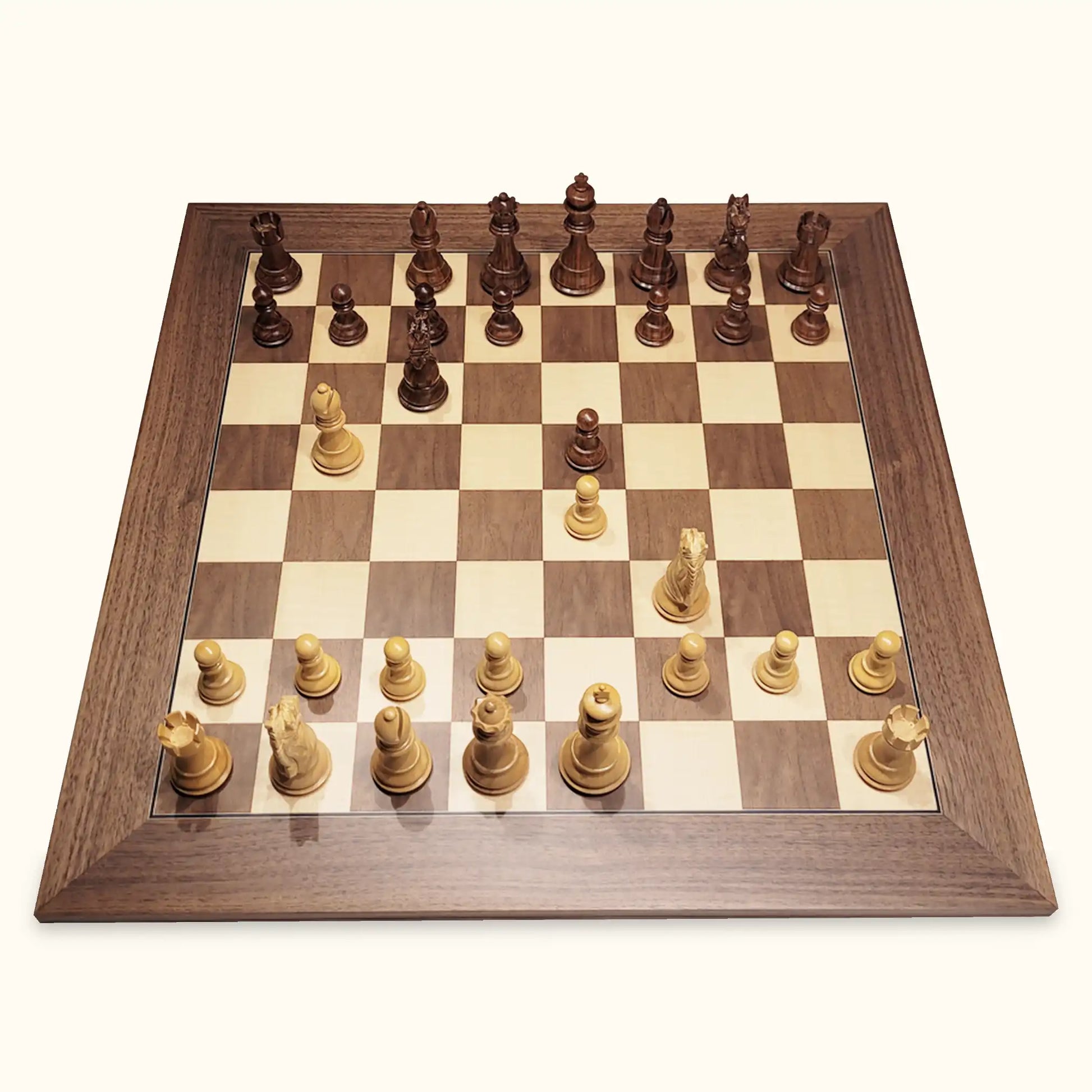 Chess pieces kings bridal acacia on walnut chessboard top
